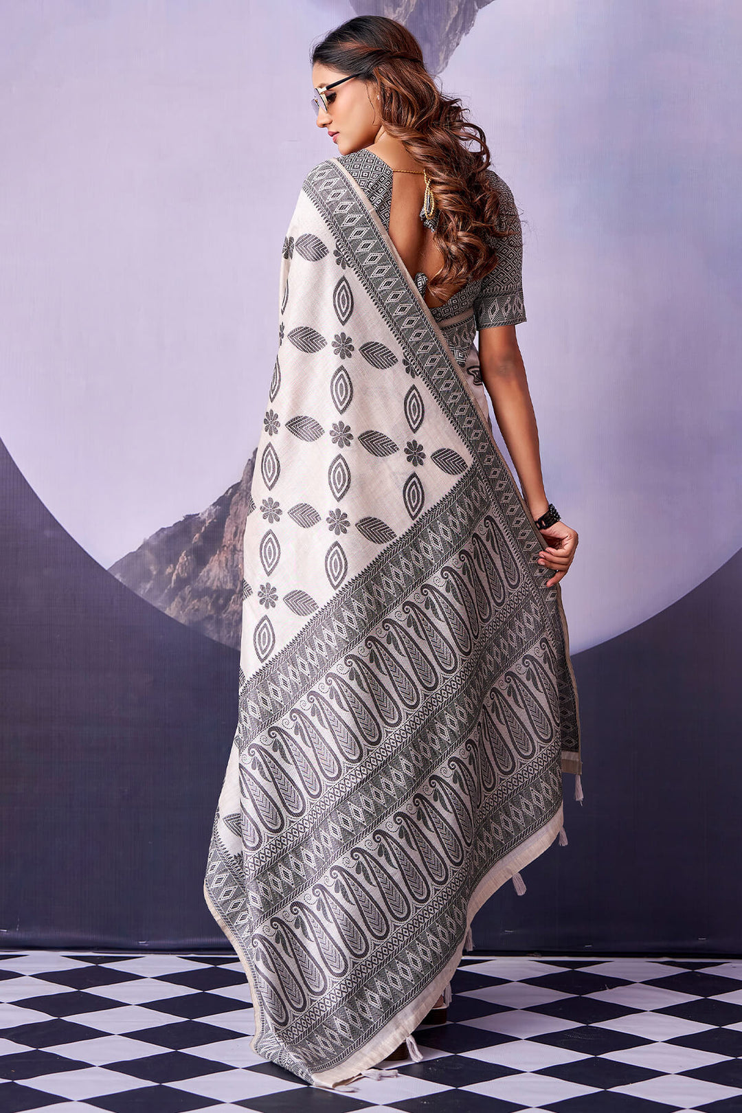 Off White and Black Cotton Silk Saree