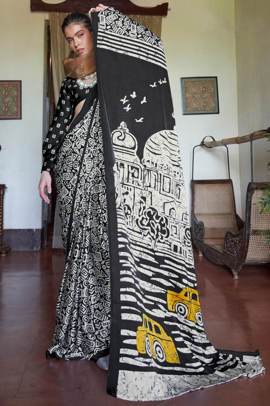 Off White and Black Printed Satin silk Saree