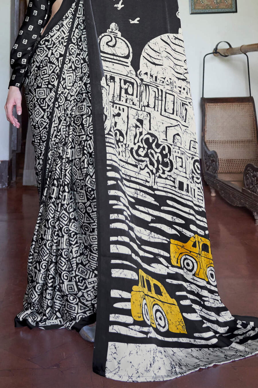 Off White and Black Printed Satin silk Saree