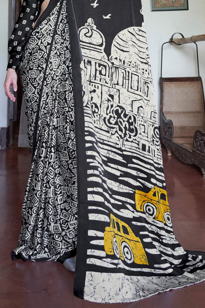Off White and Black Printed Satin silk Saree