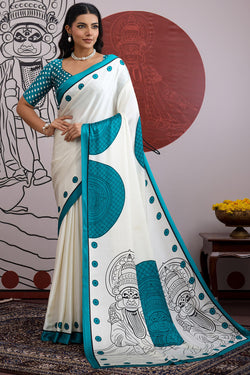 Off White and Blue Ajrakh Printed Satin Crepe Silk Saree