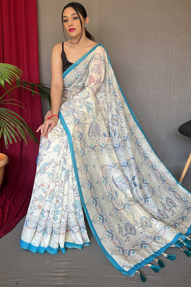 Off White and Blue Printed Cotton Silk Saree