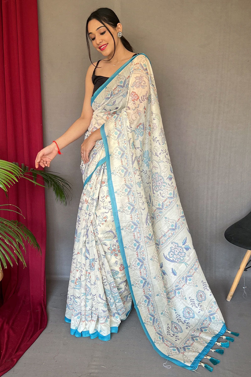 Off White and Blue Printed Cotton Silk Saree