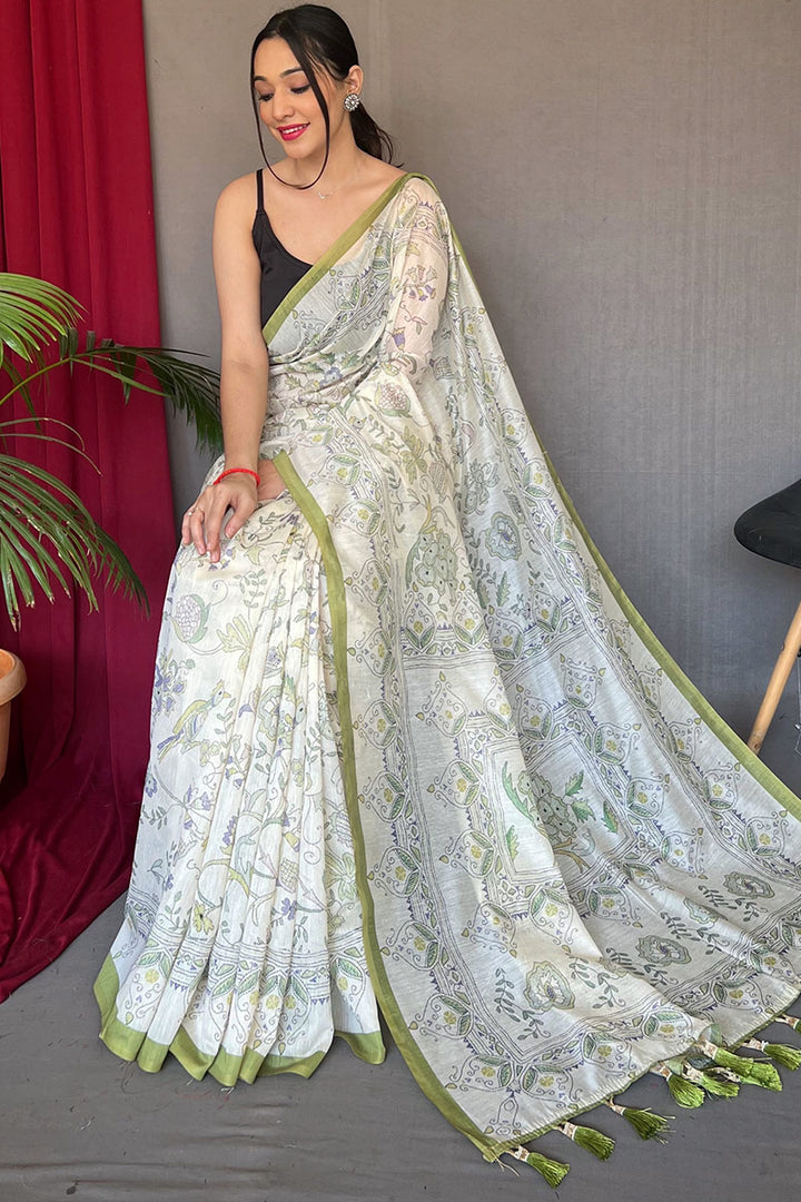 Off White and Green Printed Cotton Silk Saree