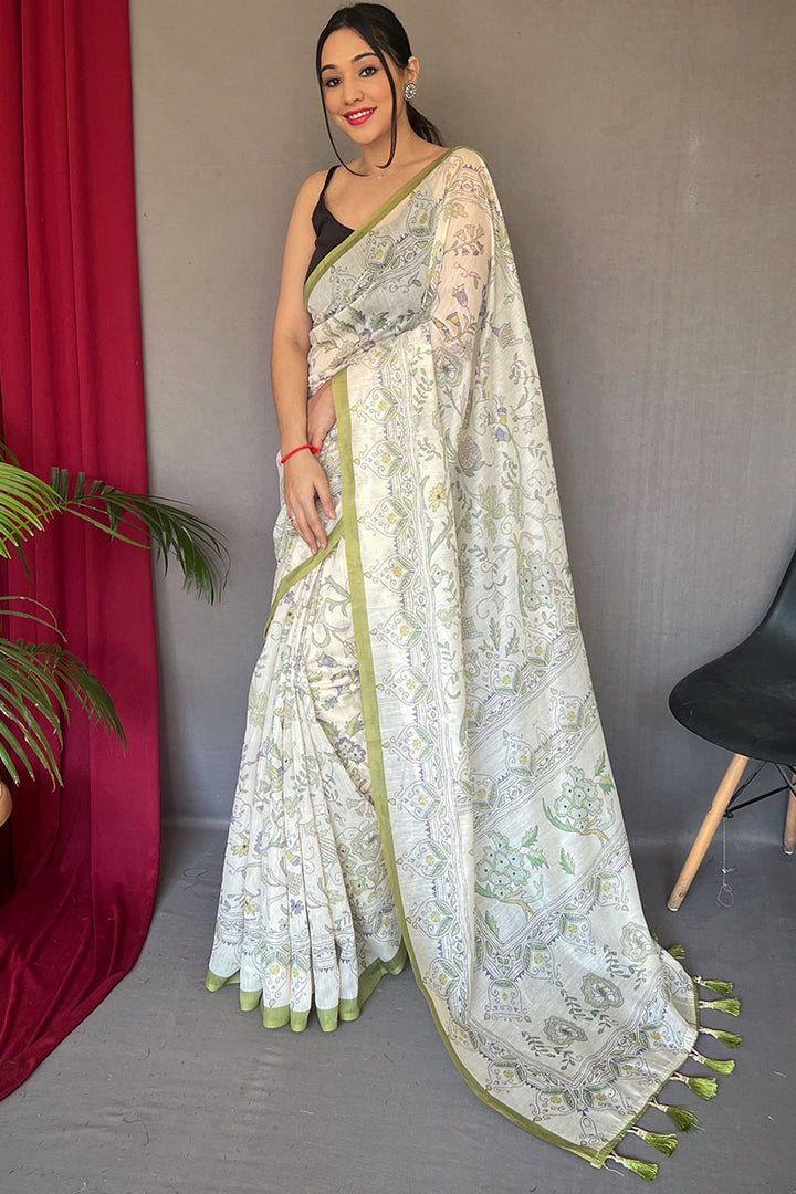 Off White and Green Printed Cotton Silk Saree