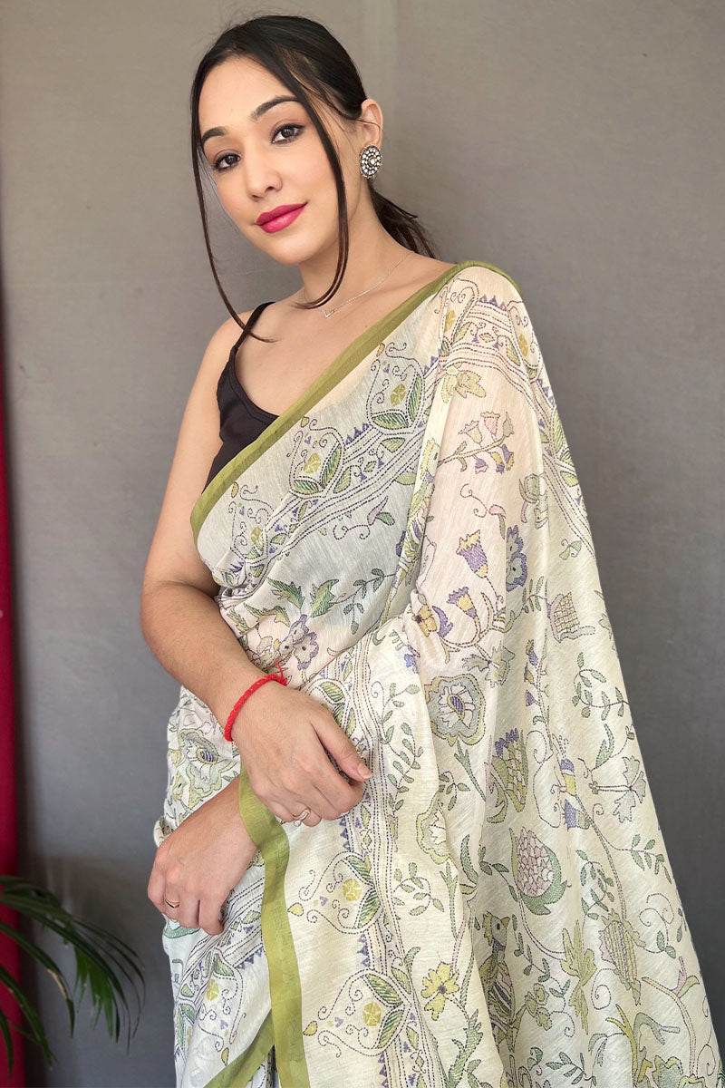 Off White and Green Printed Cotton Silk Saree