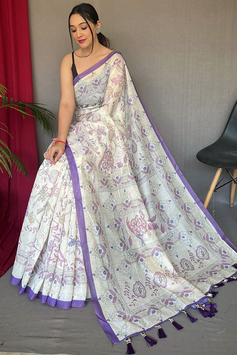 Off White and Lavender Printed Cotton Silk Saree