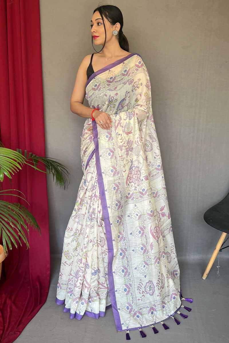 Off White and Lavender Printed Cotton Silk Saree