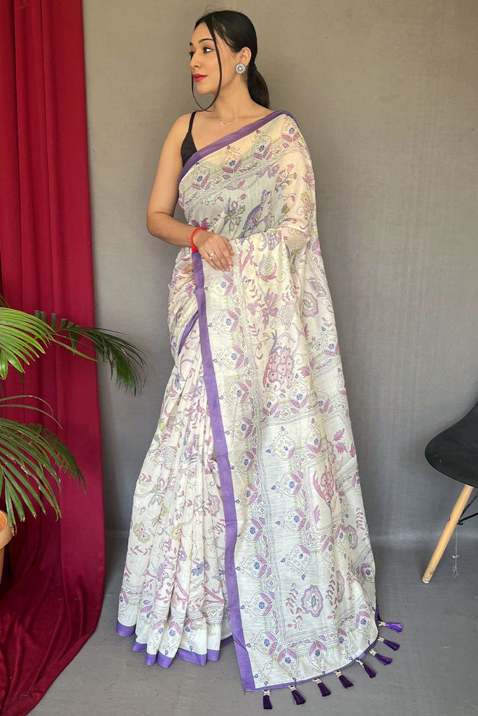 Off White and Lavender Printed Cotton Silk Saree