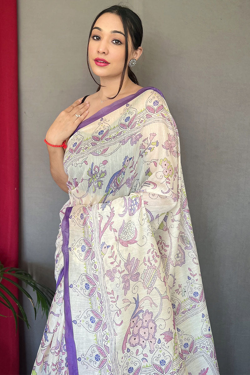 Off White and Lavender Printed Cotton Silk Saree