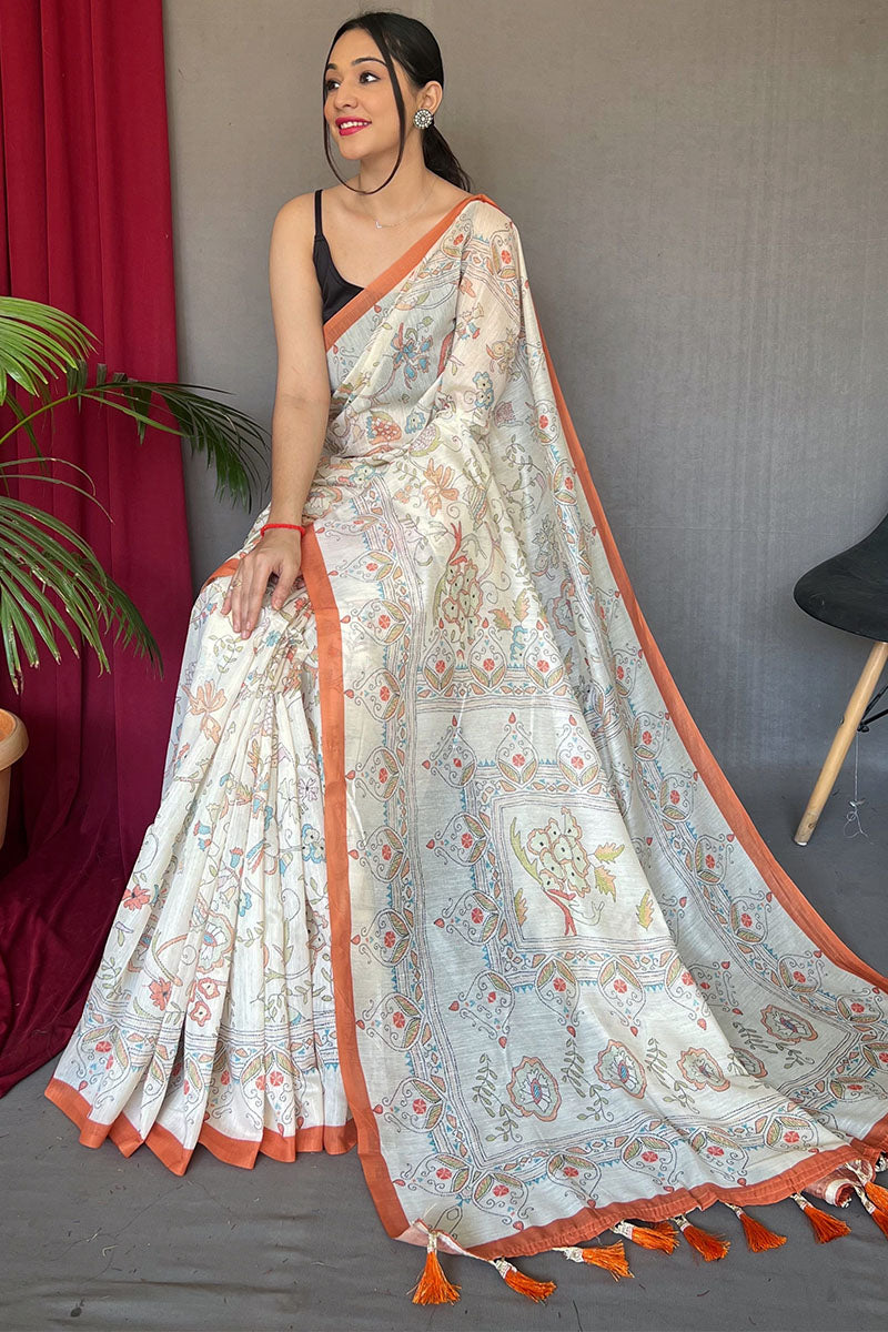 Off White and Orange Printed Cotton Silk Saree