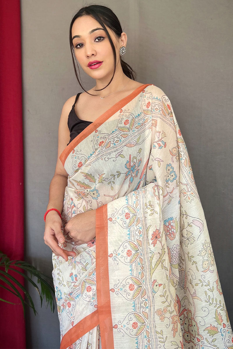 Off White and Orange Printed Cotton Silk Saree