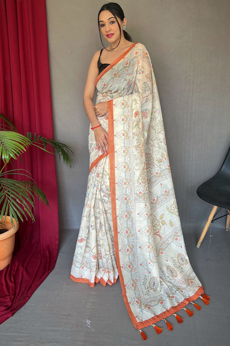 Off White and Orange Printed Cotton Silk Saree