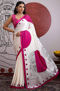 Off White and Pink Ajrakh Printed Satin Crepe Silk Saree