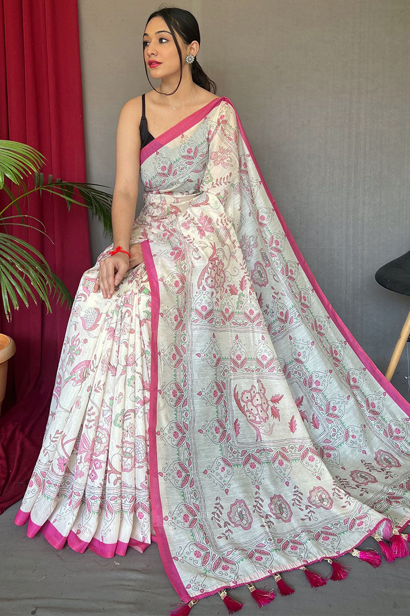 Off White and Pink Printed Cotton Silk Saree