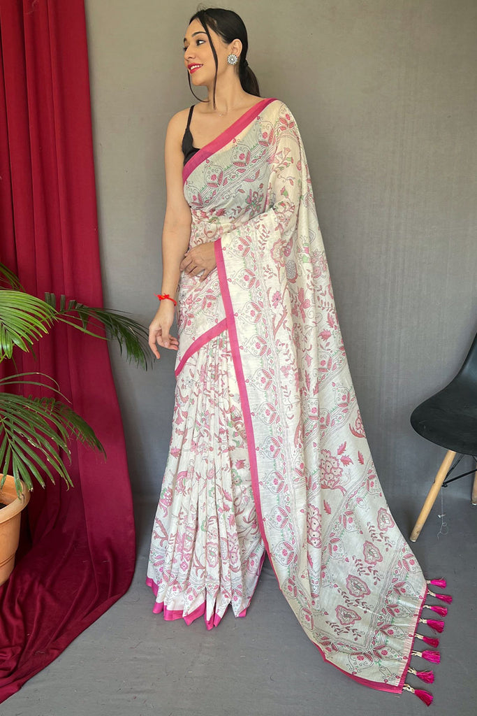 Off White and Pink Printed Cotton Silk Saree