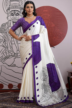 Off White and Purple Ajrakh Printed Satin Crepe Silk Saree