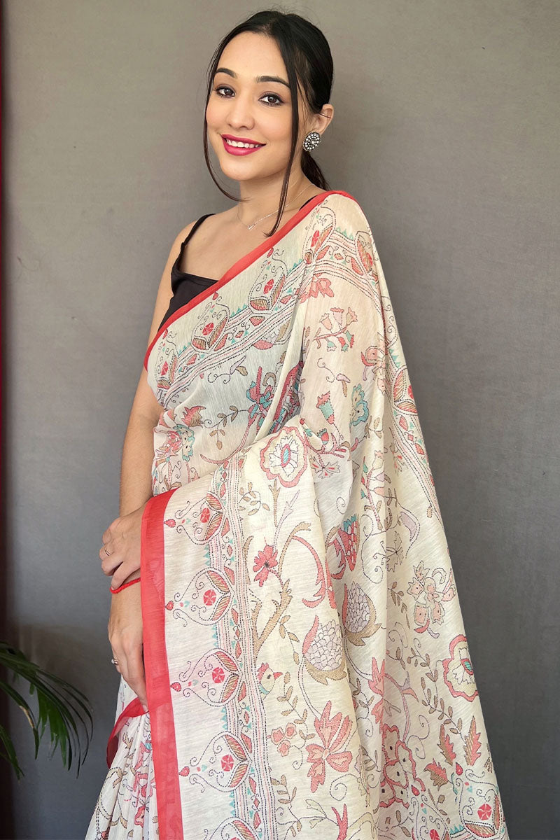 Off White and Red Printed Cotton Silk Saree