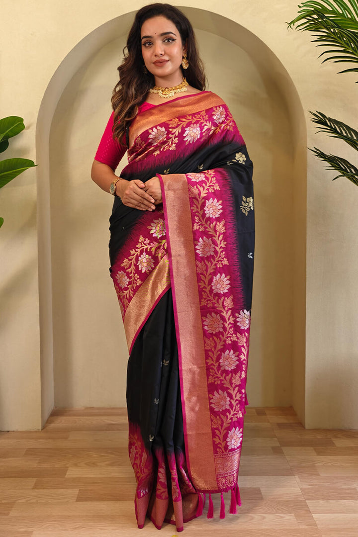 Oil Black Banarasi Silk Saree with Designer Chaap Border