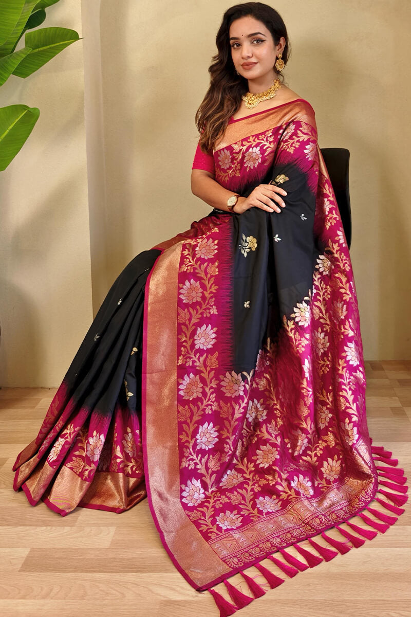 Oil Black Banarasi Silk Saree with Designer Chaap Border