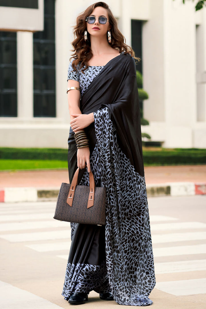 Oil Black Printed Satin Crape Silk Saree