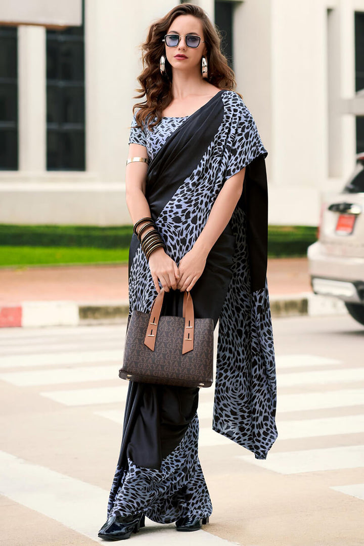 Oil Black Printed Satin Crape Silk Saree