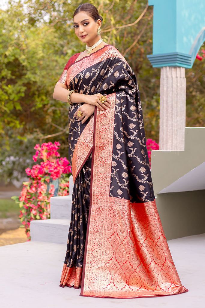 Oil Black Satin Banarasi Silk Saree