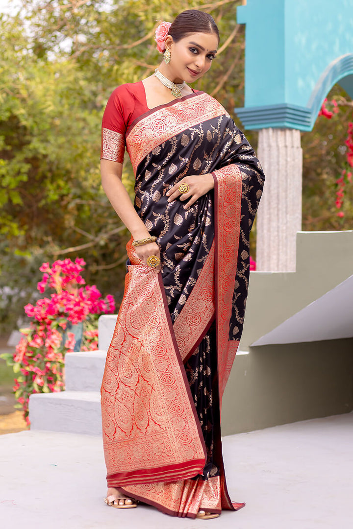 Oil Black Satin Banarasi Silk Saree