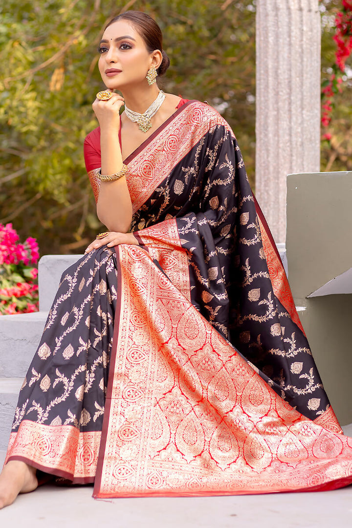 Oil Black Satin Banarasi Silk Saree