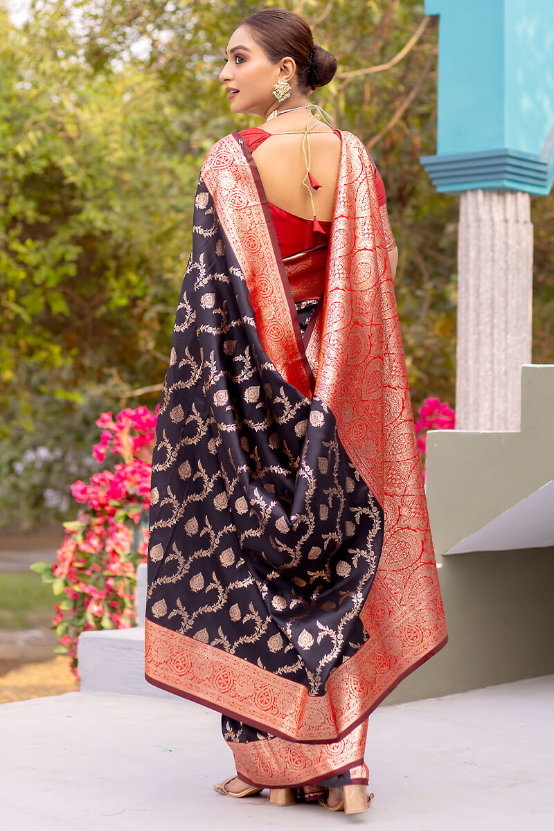 Oil Black Satin Banarasi Silk Saree