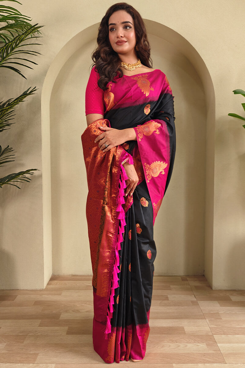 Oil Black Soft Banarasi Silk Saree With Chaap Border