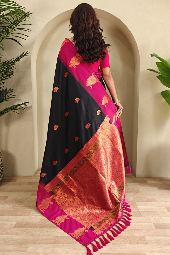 Oil Black Soft Banarasi Silk Saree With Chaap Border