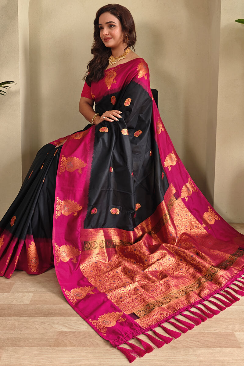 Oil Black Soft Banarasi Silk Saree With Chaap Border