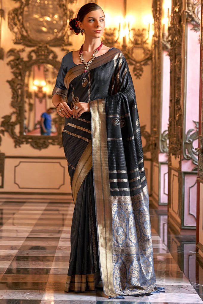 Oil Black Soft Banarasi Silk Saree