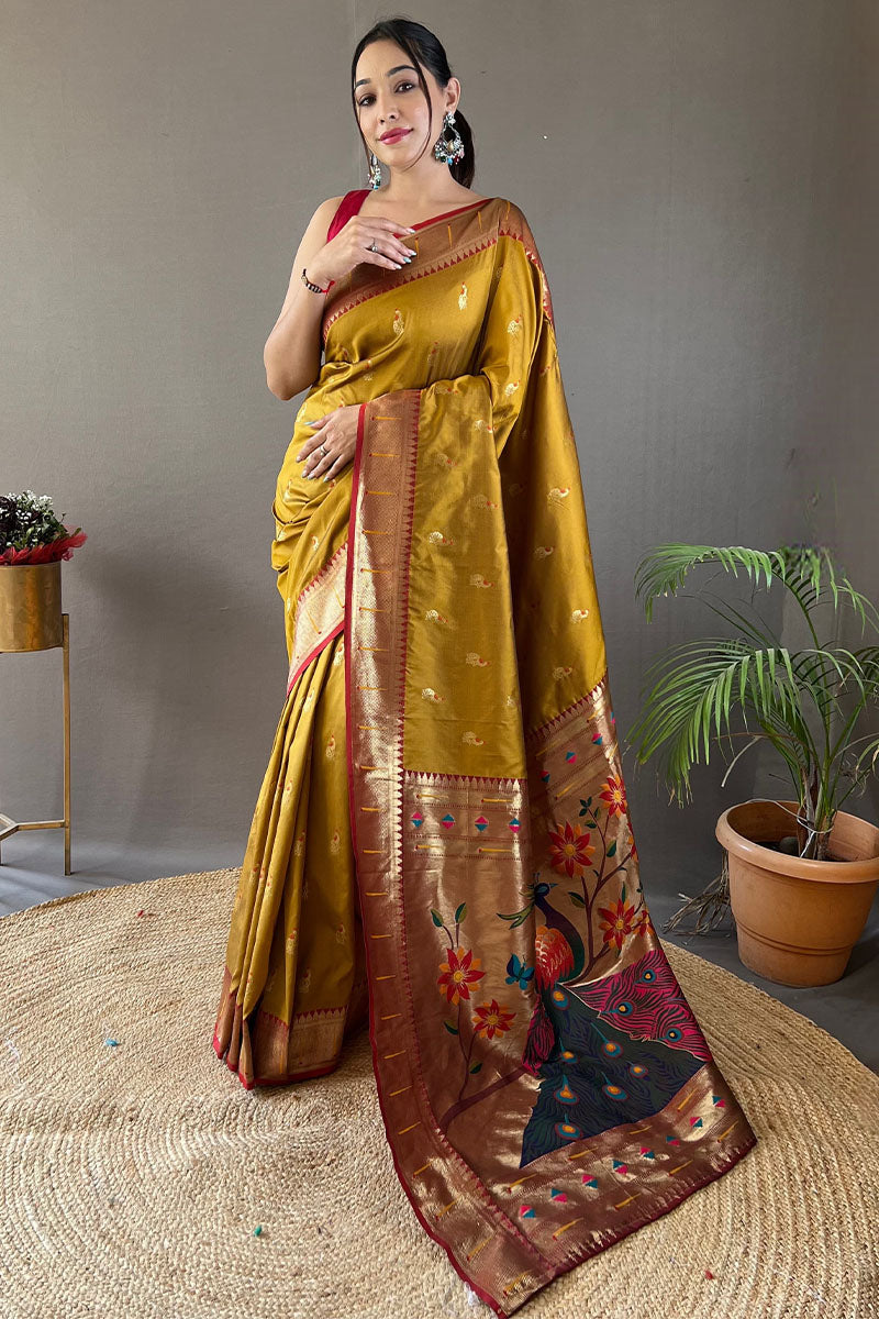 Old Gold Zari Woven Paithani Silk Saree