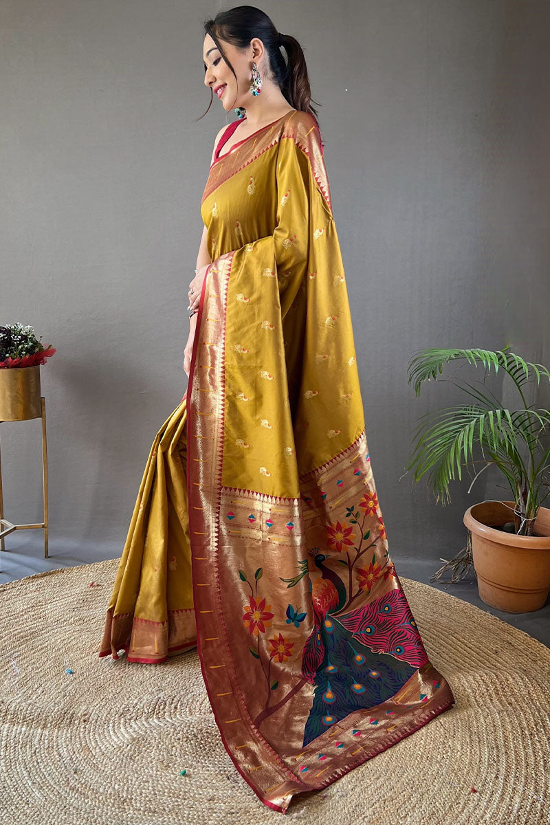 Old Gold Zari Woven Paithani Silk Saree