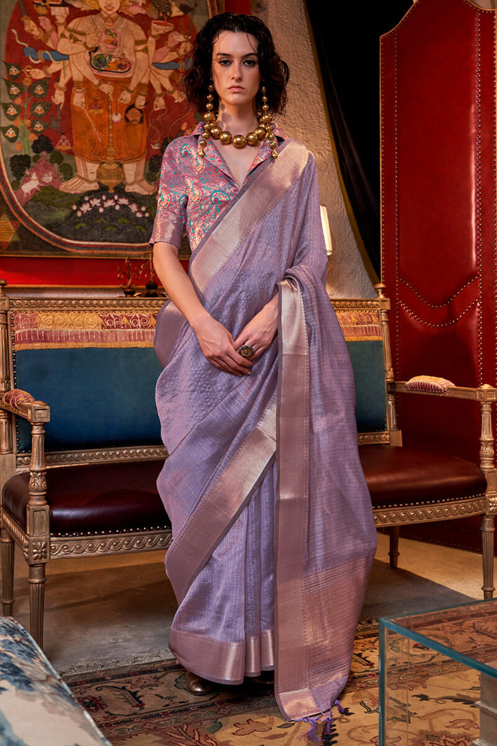 Old Lavender Hand Woven Moss Chiffon Silk Saree