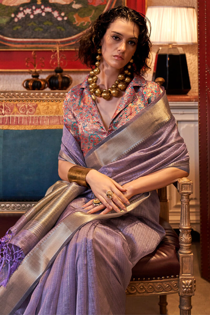 Old Lavender Hand Woven Moss Chiffon Silk Saree