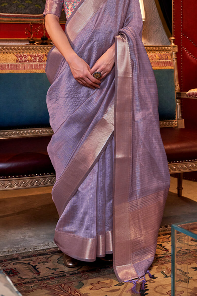 Old Lavender Hand Woven Moss Chiffon Silk Saree