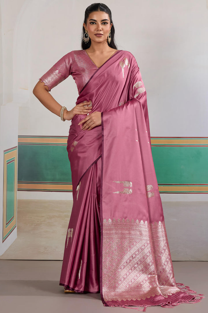 Old Rose Pink Banarasi Satin Silk Saree