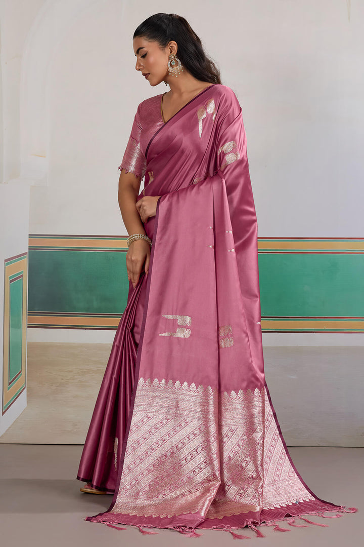 Old Rose Pink Banarasi Satin Silk Saree