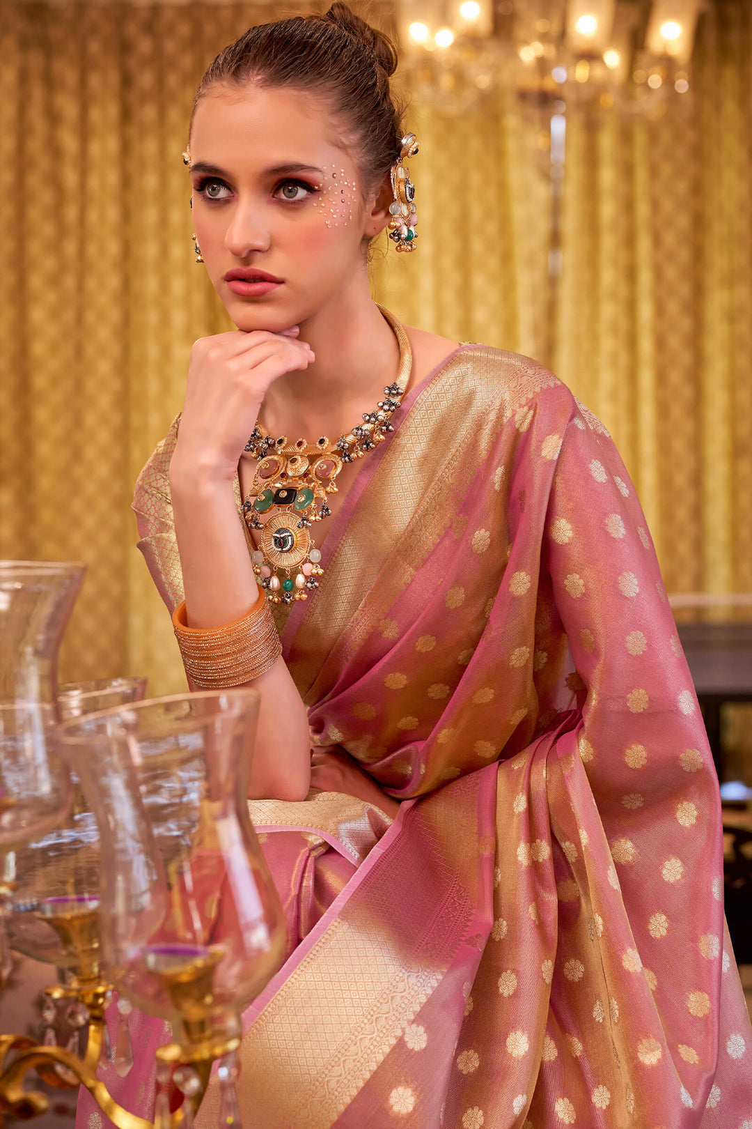 Old Rose Pink Banarasi Tissue Silk Saree