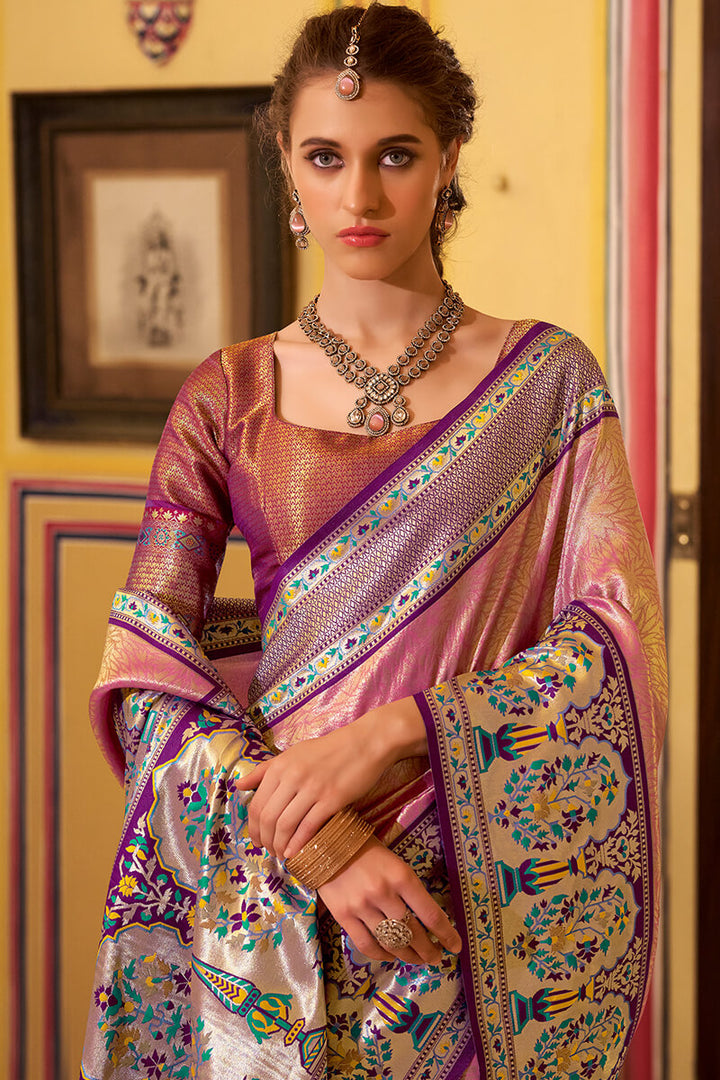Old Rose Pink Paithani Tissue Silk Saree