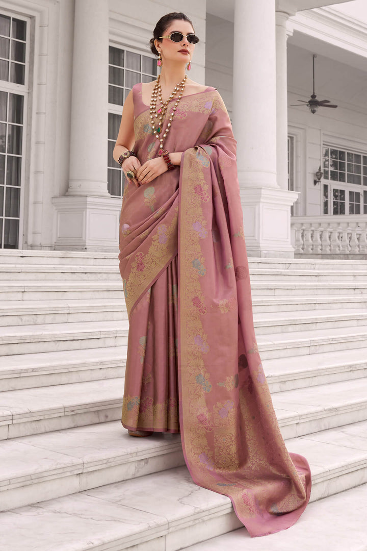 Old Rose Pink Zari Woven Banarasi Tissue Silk Saree