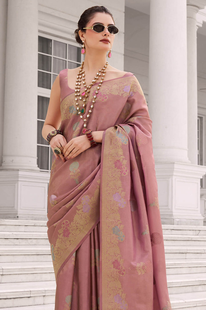 Old Rose Pink Zari Woven Banarasi Tissue Silk Saree