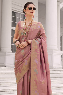 Old Rose Pink Zari Woven Banarasi Tissue Silk Saree