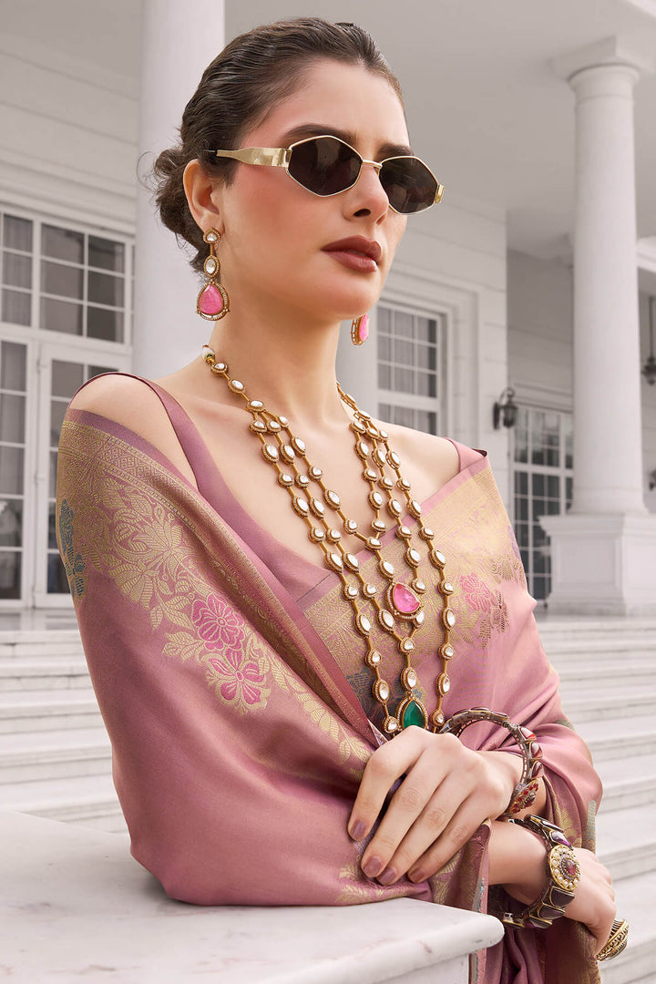 Old Rose Pink Zari Woven Banarasi Tissue Silk Saree