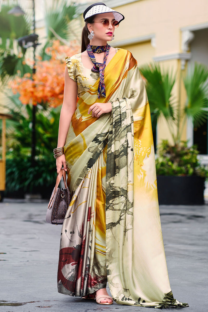 Olive Beige Printed Satin Crepe Silk Saree