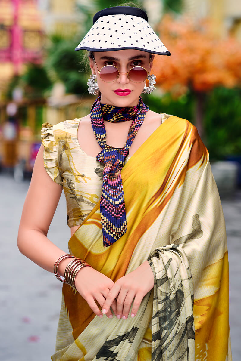 Olive Beige Printed Satin Crepe Silk Saree