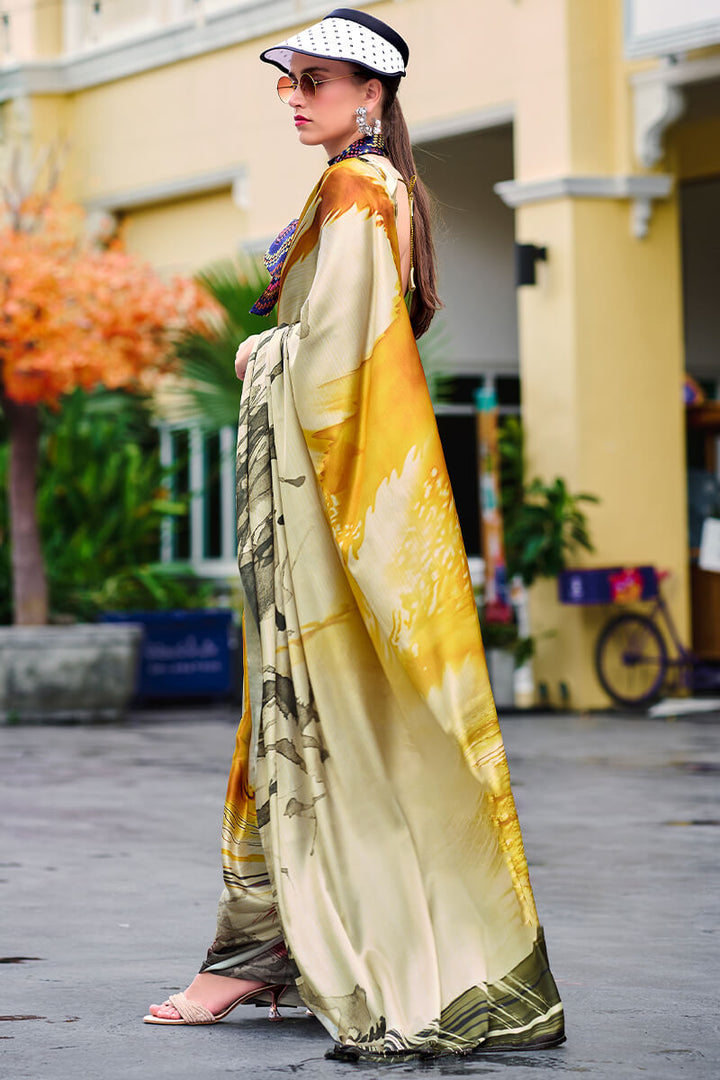 Olive Beige Printed Satin Crepe Silk Saree